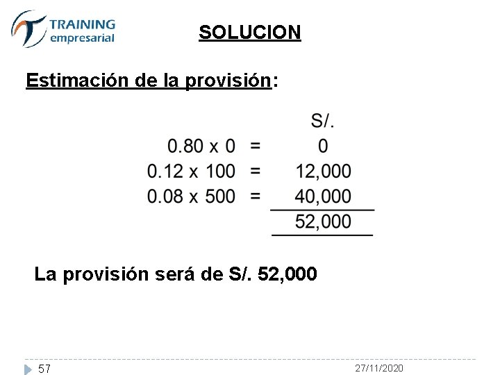 SOLUCION Estimación de la provisión: La provisión será de S/. 52, 000 57 27/11/2020