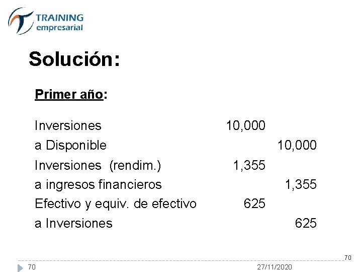 Solución: Primer año: Inversiones a Disponible Inversiones (rendim. ) a ingresos financieros Efectivo y