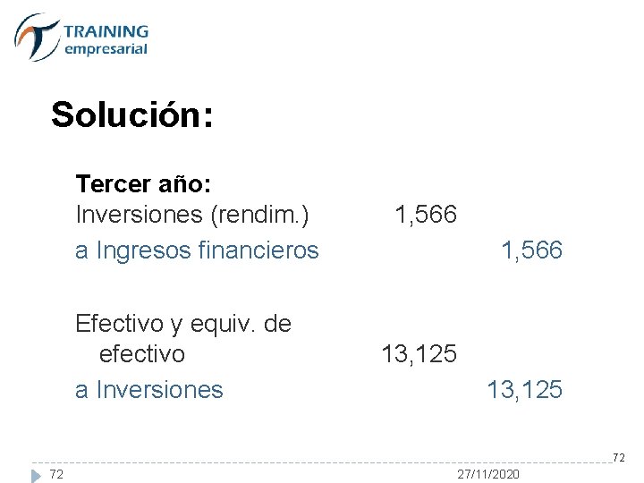 Solución: Tercer año: Inversiones (rendim. ) a Ingresos financieros Efectivo y equiv. de efectivo