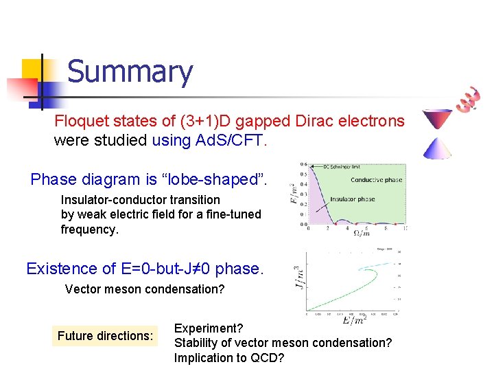 Summary Floquet states of (3+1)D gapped Dirac electrons were studied using Ad. S/CFT. Phase