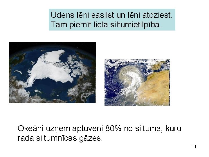 Ūdens lēni sasilst un lēni atdziest. Tam piemīt liela siltumietilpība. Okeāni uzņem aptuveni 80%