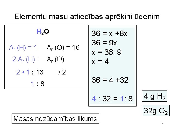 Elementu masu attiecības aprēķini ūdenim H 2 O Ar (H) = 1 Ar (O)