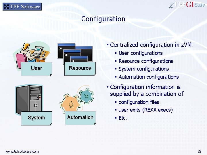 Suite Configuration • Centralized configuration in z. VM User Resource § § User configurations