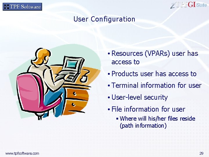 Suite User Configuration • Resources (VPARs) user has access to • Products user has