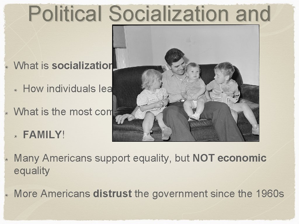 Political Socialization and Beliefs What is socialization? How individuals learn about politics What is