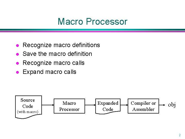 Macro Processor l l Recognize macro definitions Save the macro definition Recognize macro calls