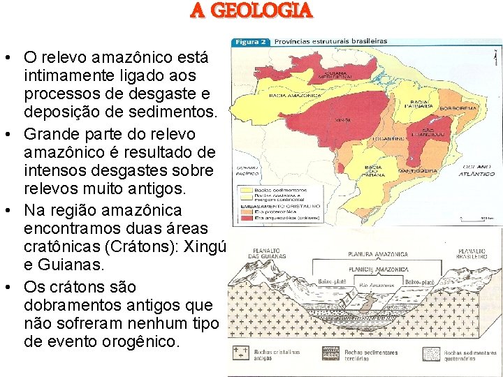 A GEOLOGIA • O relevo amazônico está intimamente ligado aos processos de desgaste e