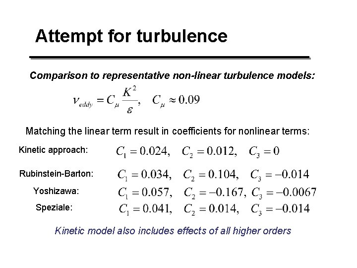 Attempt for turbulence Comparison to representative non-linear turbulence models: Matching the linear term result Attempt for turbulence Comparison to representative non-linear turbulence models: Matching the linear term result