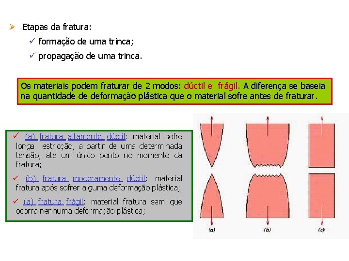 Ø Etapas da fratura: ü formação de uma trinca; ü propagação de uma trinca.
