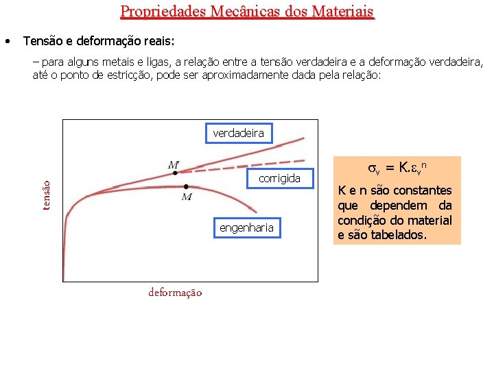 Propriedades Mecânicas dos Materiais Tensão e deformação reais: – para alguns metais e ligas,