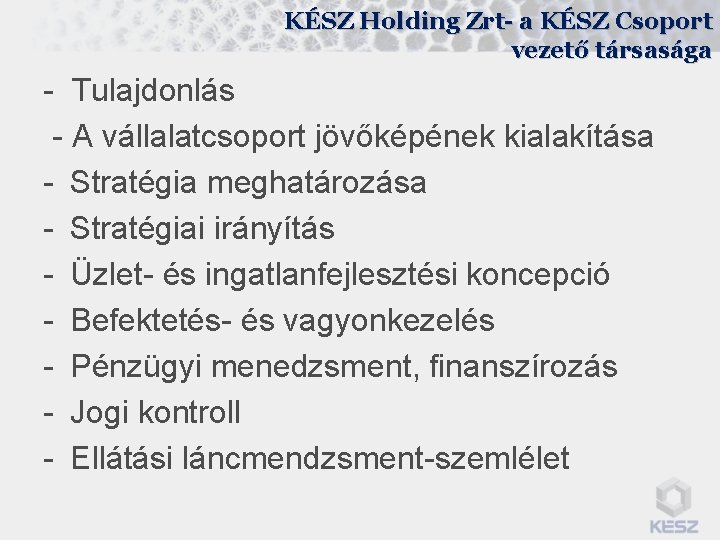 KÉSZ Holding Zrt- a KÉSZ Csoport vezető társasága - Tulajdonlás - A vállalatcsoport jövőképének