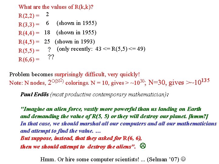 What are the values of R(k, k)? R(2, 2) = 2 R(3, 3) =