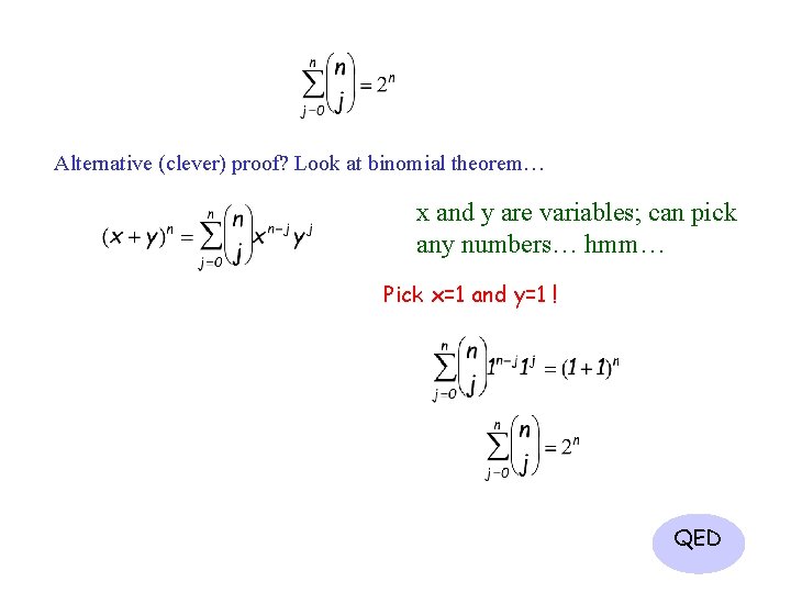 Alternative (clever) proof? Look at binomial theorem… x and y are variables; can pick