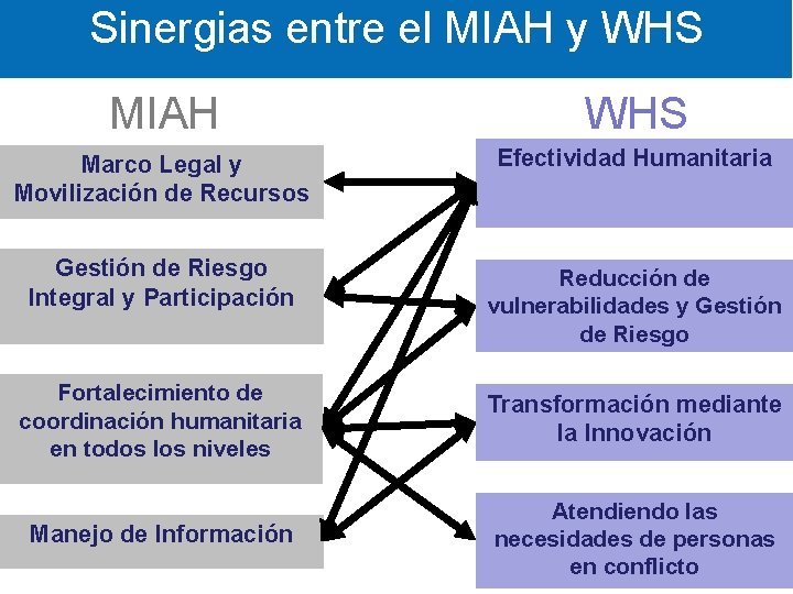 Sinergias entre el MIAH y WHS MIAH WHS Marco Legal y Movilización de Recursos