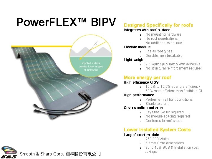 Power. FLEX™ BIPV Designed Specifically for roofs Integrates with roof surface � No mounting