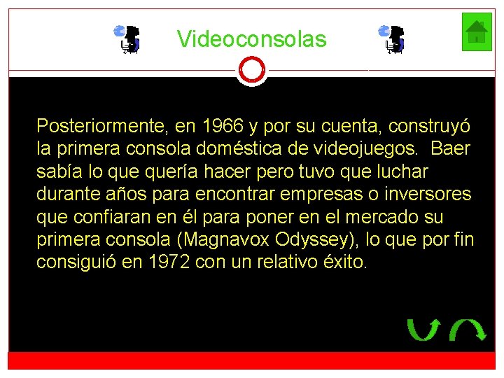 Videoconsolas Posteriormente, en 1966 y por su cuenta, construyó la primera consola doméstica de