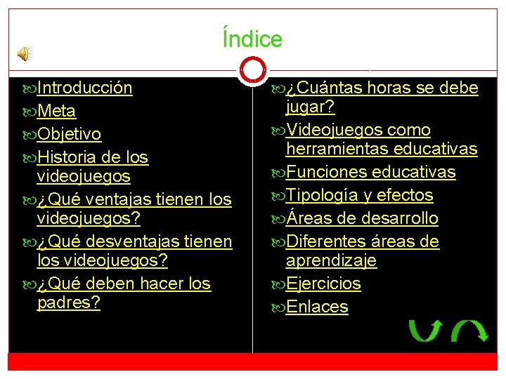 Índice Introducción Meta Objetivo Historia de los videojuegos ¿Qué ventajas tienen los videojuegos? ¿Qué
