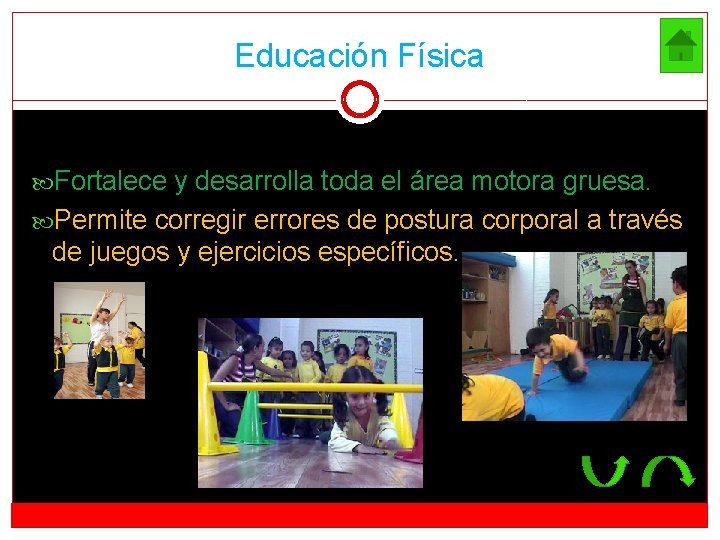 Educación Física Fortalece y desarrolla toda el área motora gruesa. Permite corregir errores de