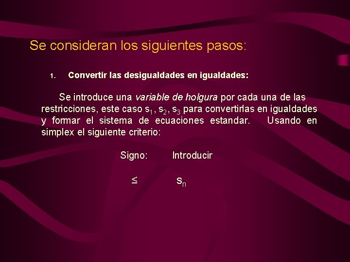 Se consideran los siguientes pasos: 1. Convertir las desigualdades en igualdades: Se introduce una