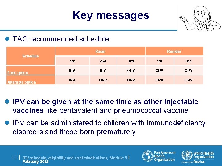 Key messages l TAG recommended schedule: Basic Booster Schedule First option Alternate option 1