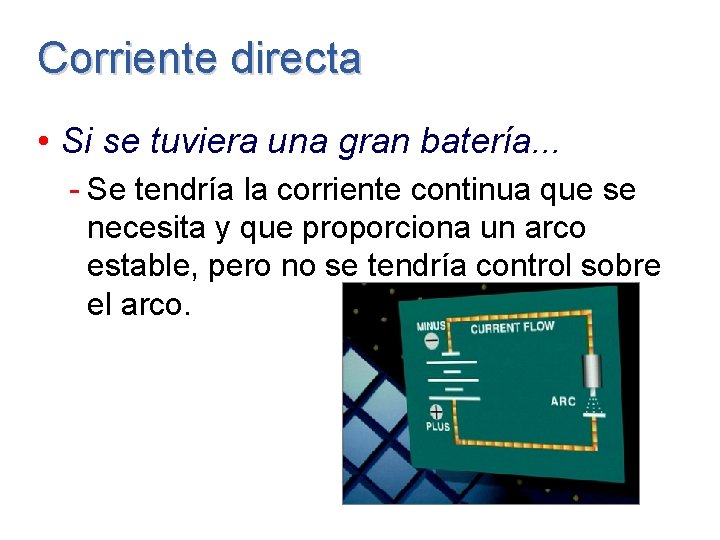 Corriente directa • Si se tuviera una gran batería. . . - Se tendría