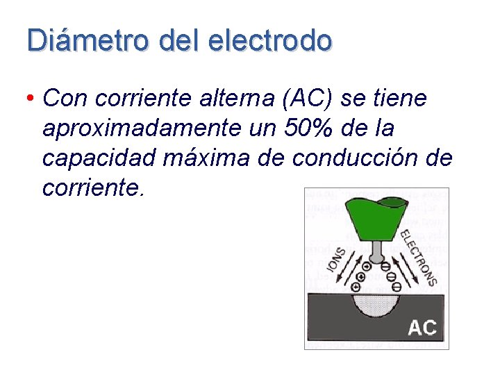 Diámetro del electrodo • Con corriente alterna (AC) se tiene aproximadamente un 50% de