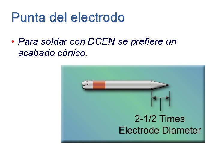 Punta del electrodo • Para soldar con DCEN se prefiere un acabado cónico. 