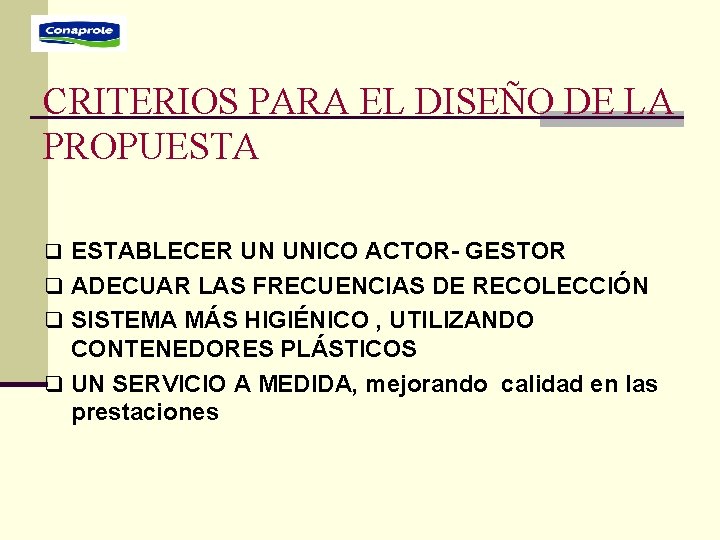 CRITERIOS PARA EL DISEÑO DE LA PROPUESTA q ESTABLECER UN UNICO ACTOR- GESTOR q CRITERIOS PARA EL DISEÑO DE LA PROPUESTA q ESTABLECER UN UNICO ACTOR- GESTOR q