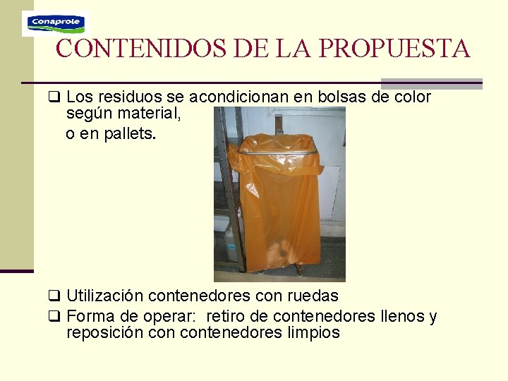 CONTENIDOS DE LA PROPUESTA q Los residuos se acondicionan en bolsas de color según CONTENIDOS DE LA PROPUESTA q Los residuos se acondicionan en bolsas de color según
