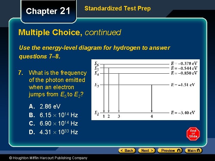 Chapter 21 Standardized Test Prep Multiple Choice, continued Use the energy-level diagram for hydrogen