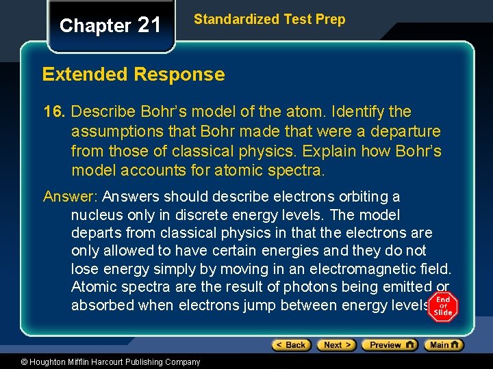 Chapter 21 Standardized Test Prep Extended Response 16. Describe Bohr’s model of the atom.