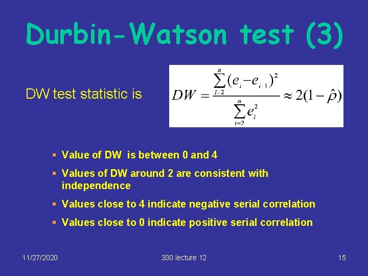 Durbin-Watson test (3) DW test statistic is § Value of DW is between 0