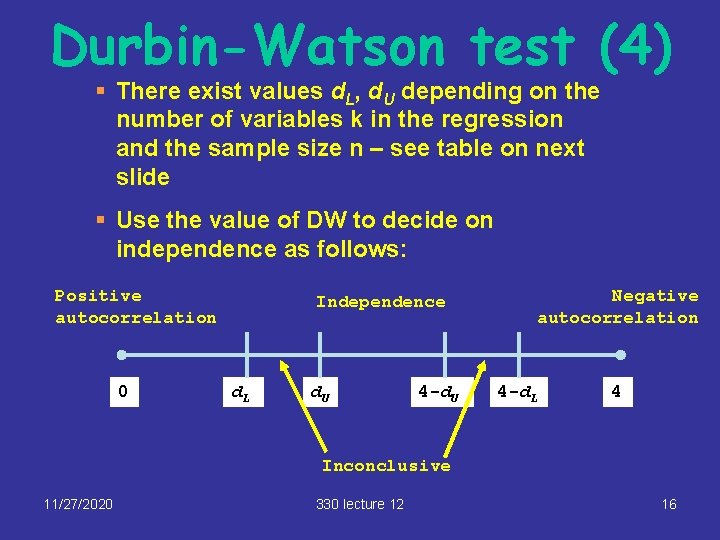 Durbin-Watson test (4) § There exist values d. L, d. U depending on the