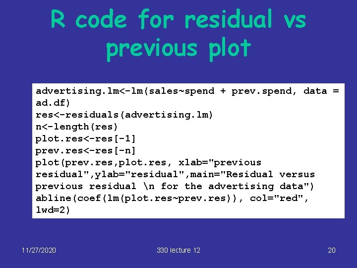 R code for residual vs previous plot advertising. lm<-lm(sales~spend + prev. spend, data =