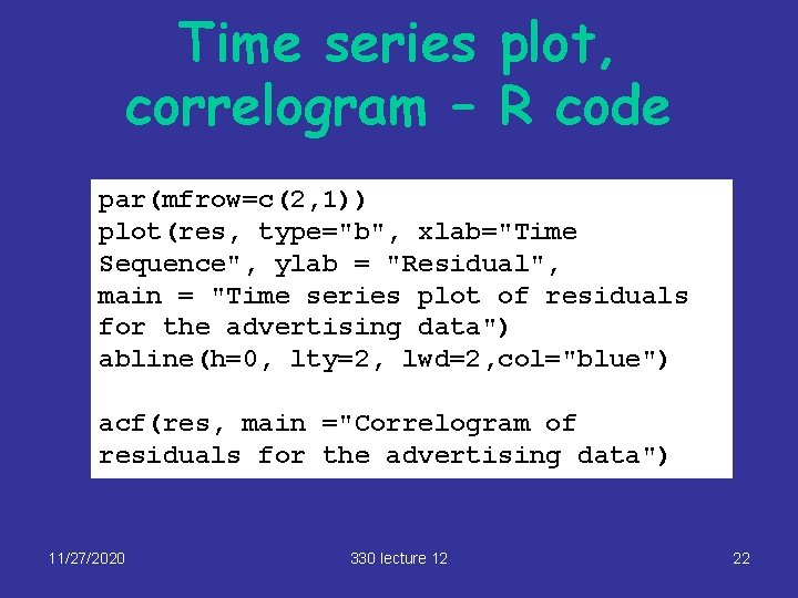 Time series plot, correlogram – R code par(mfrow=c(2, 1)) plot(res, type="b", xlab="Time Sequence", ylab