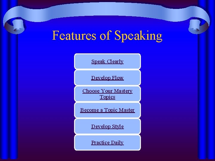 Features of Speaking Speak Clearly Develop Flow Choose Your Mastery Topics Become a Topic