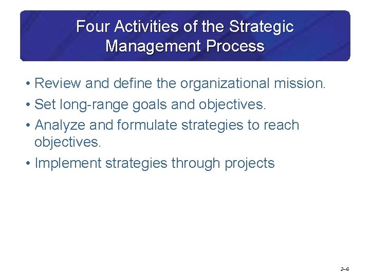 Four Activities of the Strategic Management Process • Review and define the organizational mission.