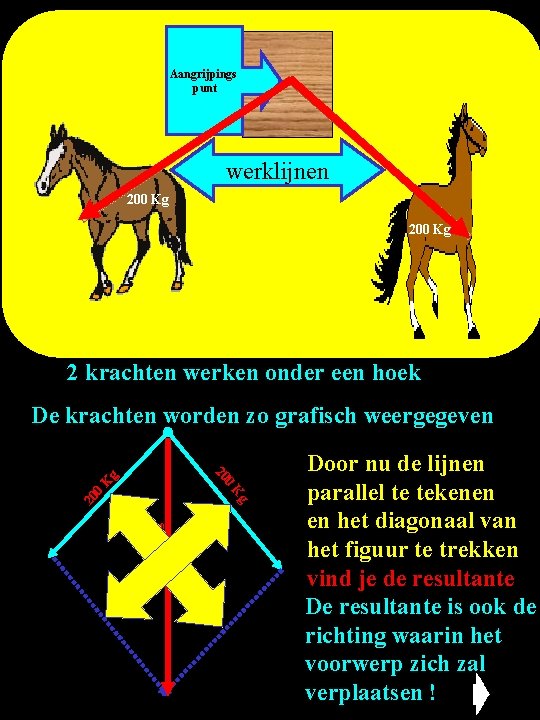 Aangrijpings punt werklijnen 200 Kg 2 krachten werken onder een hoek De krachten worden
