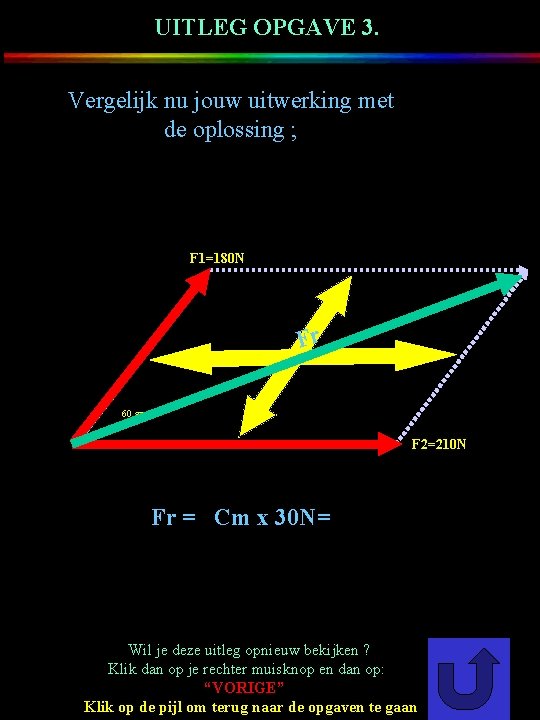 UITLEG OPGAVE 3. Vergelijk nu jouw uitwerking met de oplossing ; F 1=180 N