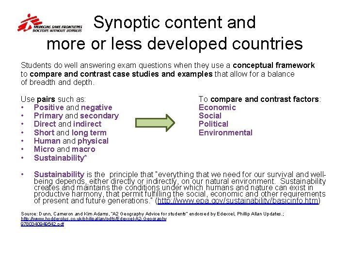 Synoptic content and more or less developed countries Students do well answering exam questions