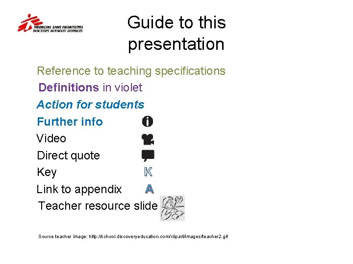 Guide to this presentation Reference to teaching specifications Definitions in violet Action for students