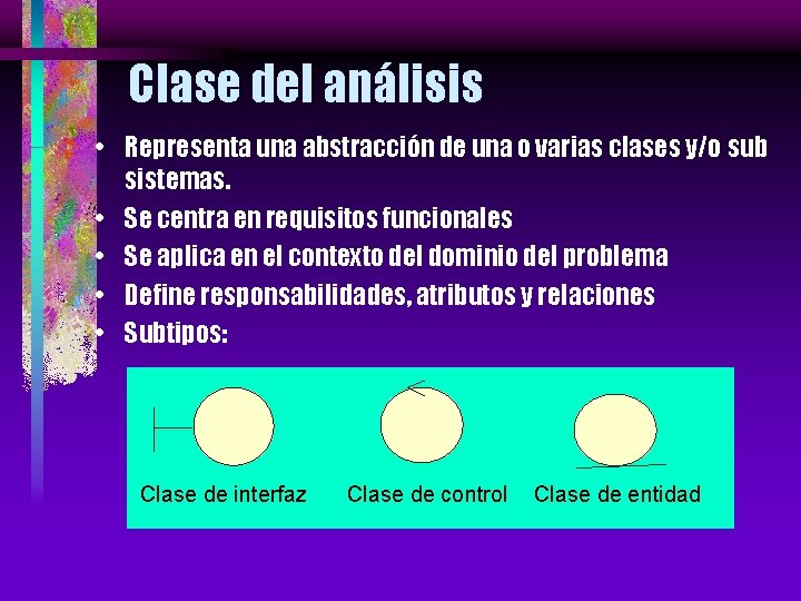 Clase del análisis • Representa una abstracción de una o varias clases y/o sub