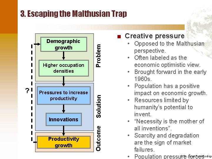 3. Escaping the Malthusian Trap ? Pressures to increase productivity Innovations Productivity growth Problem