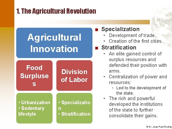 1. The Agricultural Revolution Agricultural Innovation Food Surpluse s • Urbanization • Sedentary lifestyle