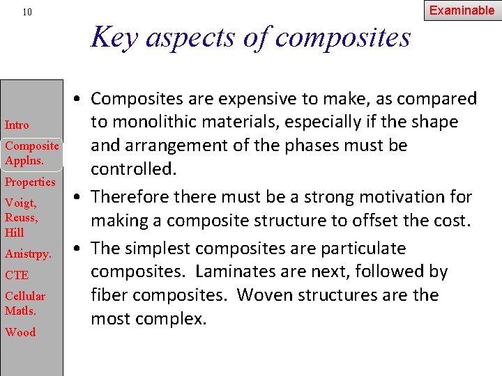 Examinable 10 Key aspects of composites Intro Composite Applns. Properties Voigt, Reuss, Hill Anistrpy.