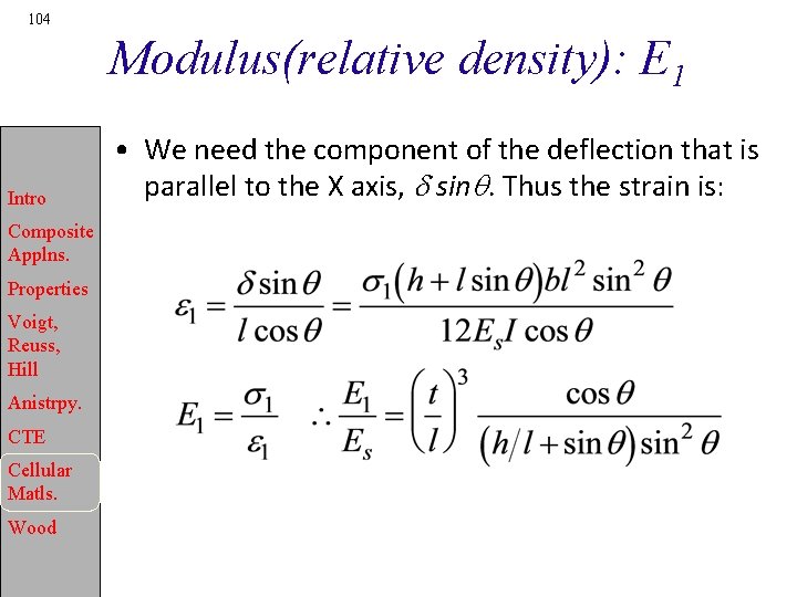 104 Modulus(relative density): E 1 Intro Composite Applns. Properties Voigt, Reuss, Hill Anistrpy. CTE