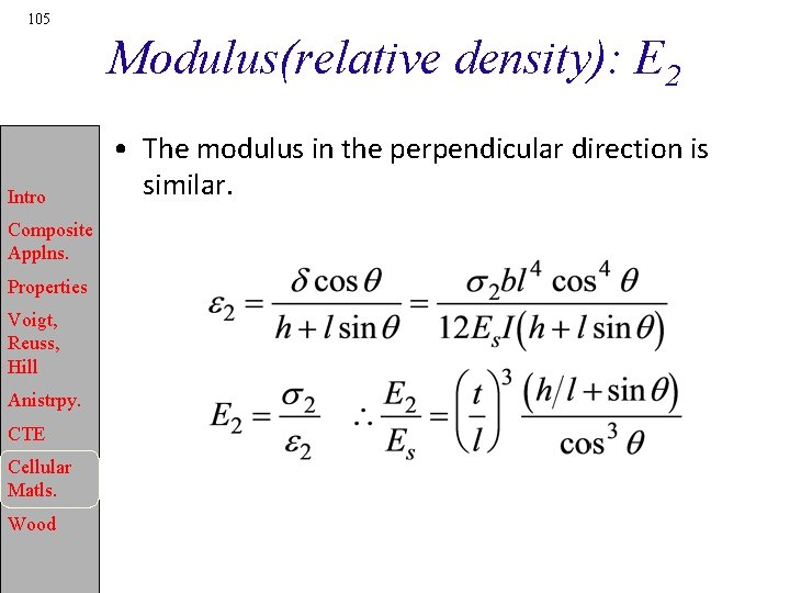 105 Modulus(relative density): E 2 Intro Composite Applns. Properties Voigt, Reuss, Hill Anistrpy. CTE