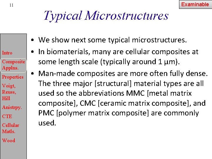 Examinable 11 Typical Microstructures Intro Composite Applns. Properties Voigt, Reuss, Hill Anistrpy. CTE Cellular