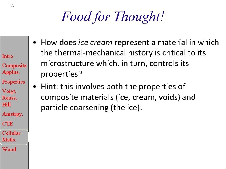 15 Food for Thought! Intro Composite Applns. Properties Voigt, Reuss, Hill Anistrpy. CTE Cellular