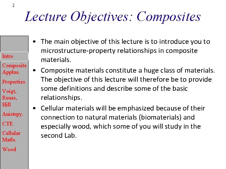 2 Lecture Objectives: Composites Intro Composite Applns. Properties Voigt, Reuss, Hill Anistrpy. CTE Cellular